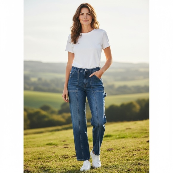 LOFT High Rise Straight Leg Jeans Medium Blue Utility - Picture 2 of 13